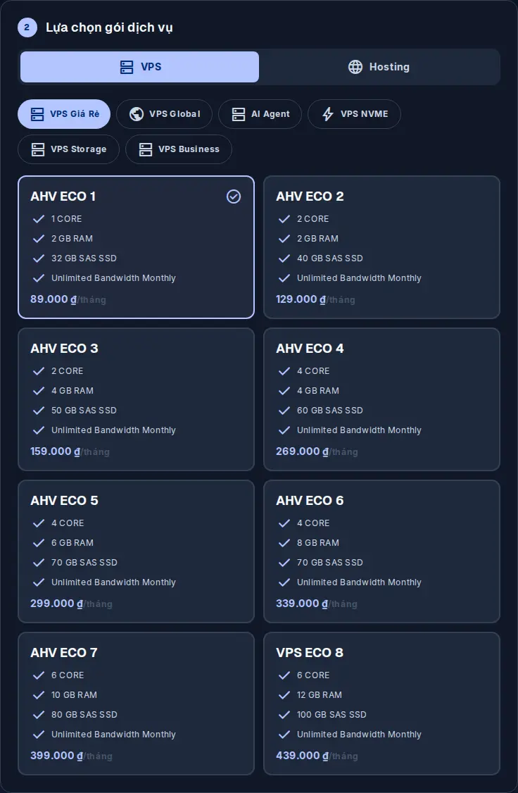 Lựa chọn gói VPS hoặc Hosting