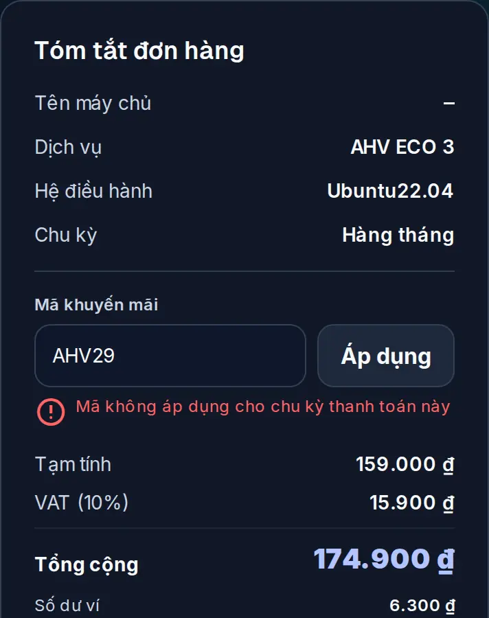 Thông báo mã khuyến mãi không áp dụng cho chu kỳ thanh toán