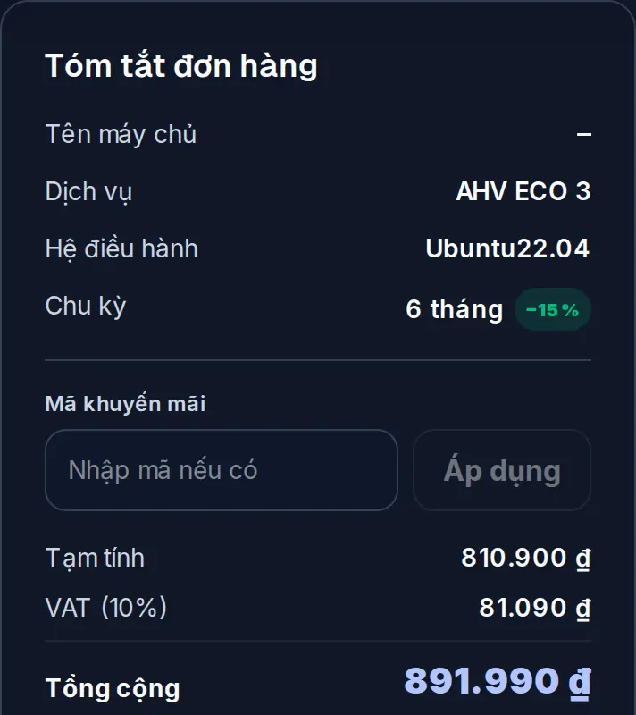 Ô nhập mã khuyến mãi trong thẻ Tóm tắt đơn hàng
