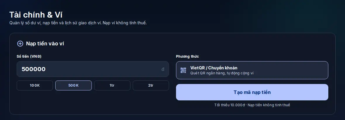 Khu vực nạp tiền vào ví AHV Cloud