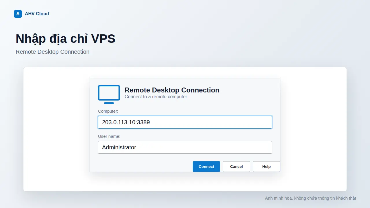 Nhập địa chỉ IP port VPS trong Remote Desktop Connection